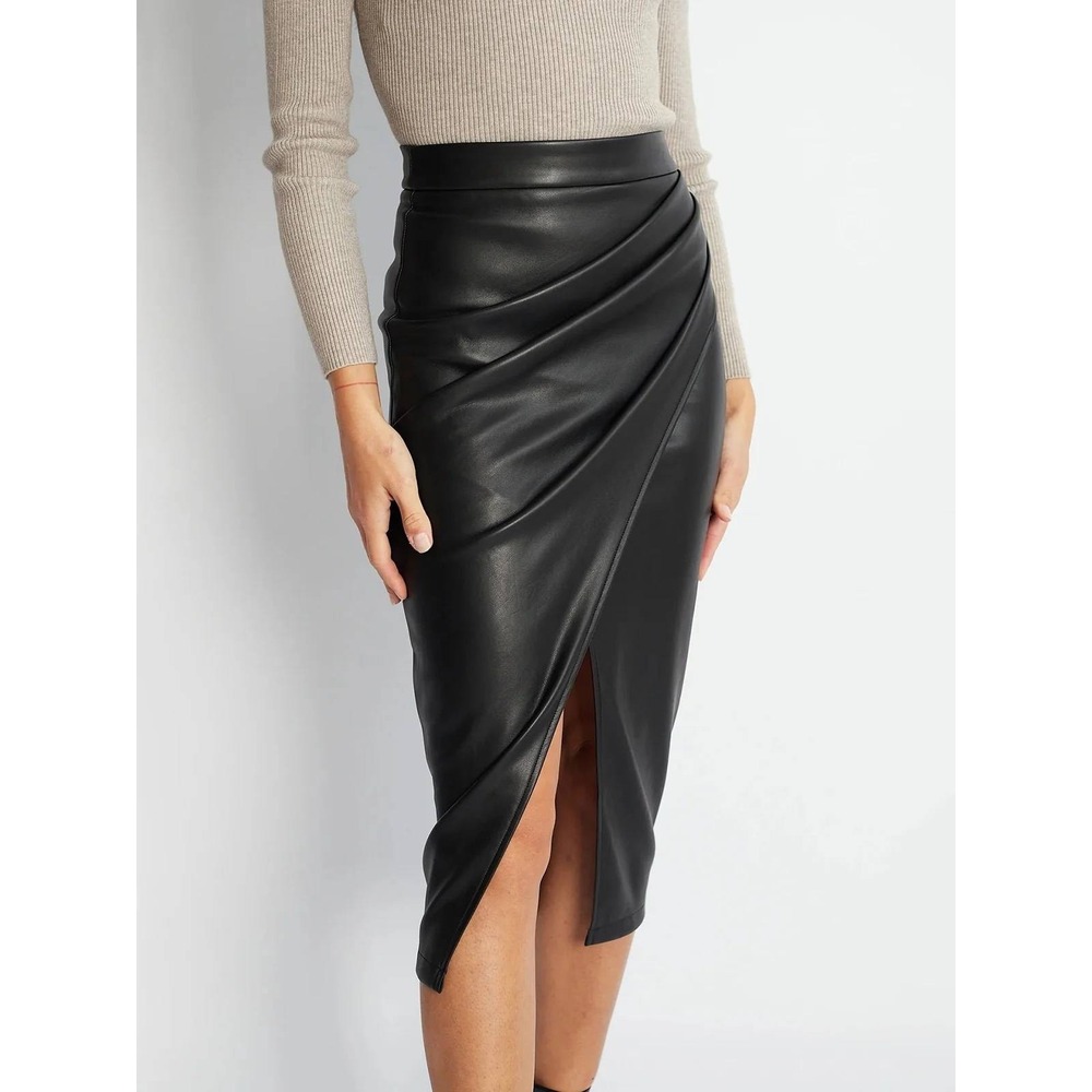 COMMENSE Pleated Split Faux Leather Midi Skirt Black Size S US 4 NWT